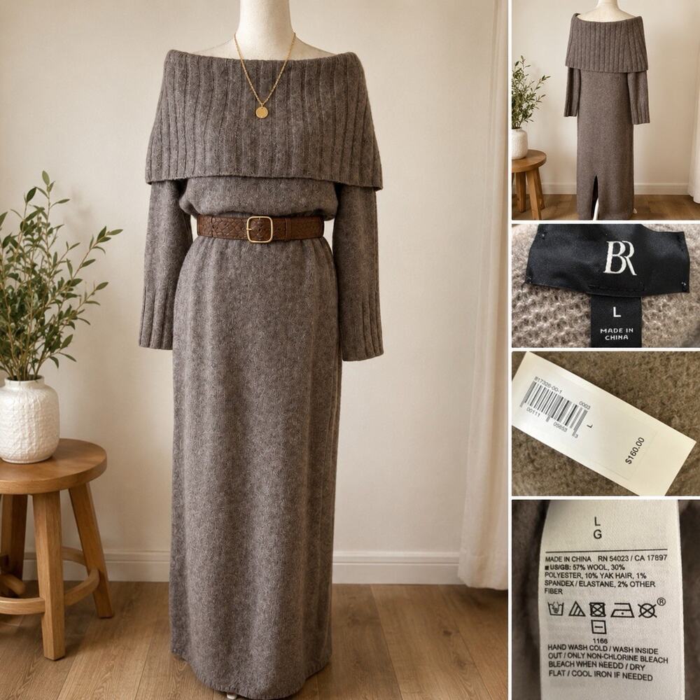 NWT Banana Republic Wool Yak Turtleneck Sweater Dress Brown Long L $160